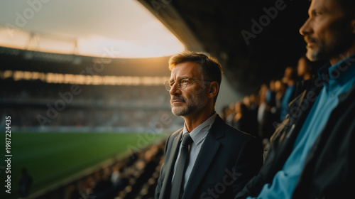 Professional man and soccer coach in stadium. Businessman showing leadership and success in football manager role at sunset.