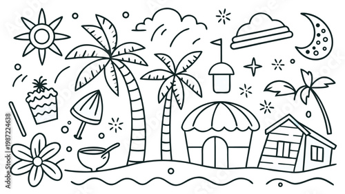 Hand-Drawn Tropical Beach Doodle Vector Set with Palm Trees, Waves, Sun, Surfboards, and Island Elements
