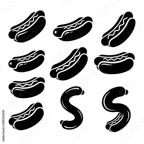 Hot Dog Icons Set Black White Simple Food Design