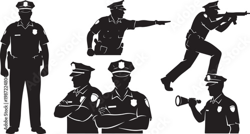 Police officers, law enforcement icons, black silhouettes, vector graphics, security symbols