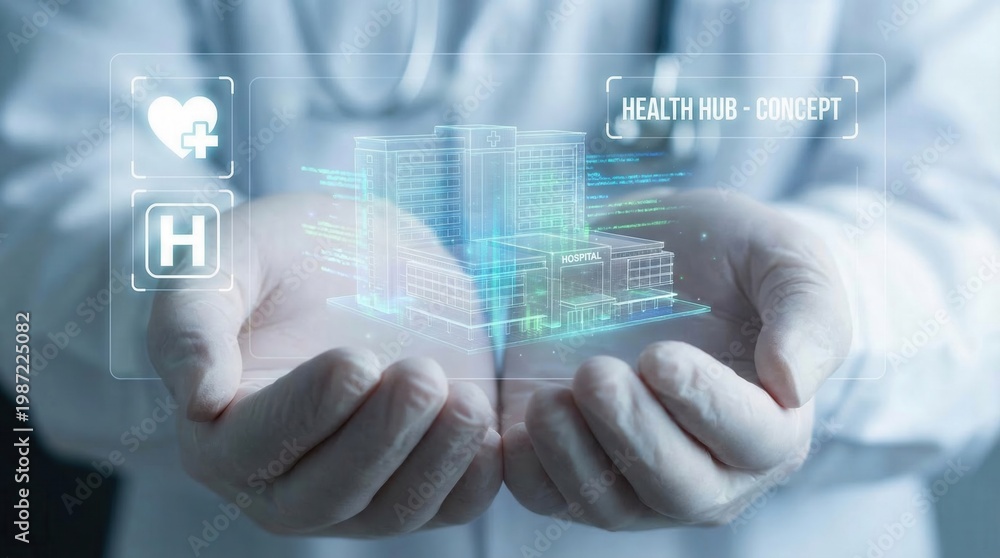Obraz premium Digital health hub concept shown in hands by medical professional during a tech presentation in a busy hospital setting