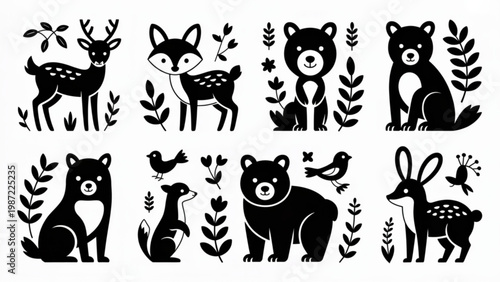 Scandinavian Animal Stamp Set Folk Woodland Silhouette Vector Collection