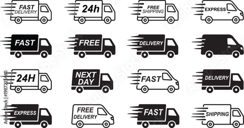 Fast Delivery Icon Set – Free Shipping, Express Service, 24 Hour Truck & Van Symbols on White Background