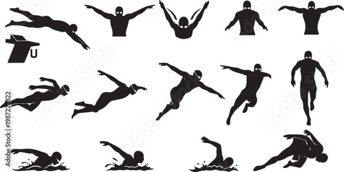Black silhouette icons of people jumping, diving, and falling, 15 vector graphics