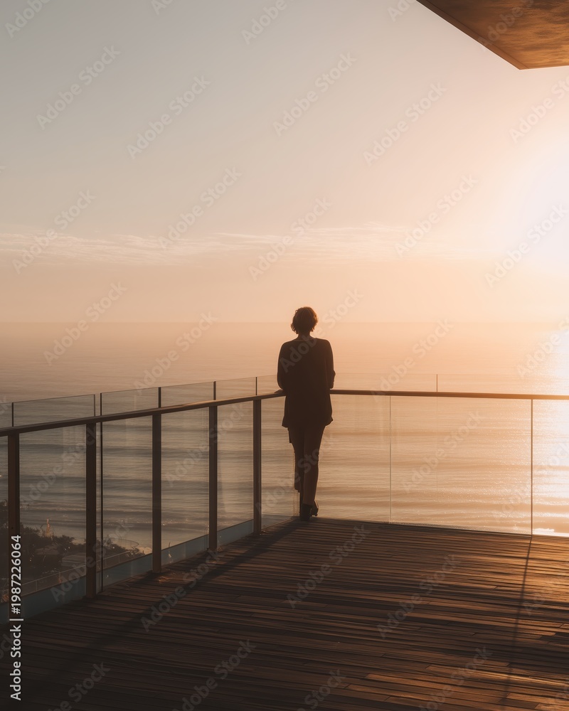 Fototapeta premium Silhouetted figure observing a serene ocean sunset from a modern elevated