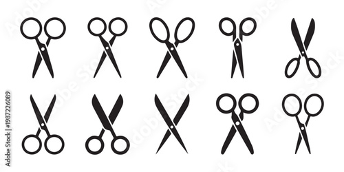 Different types of office and craft scissors icons set collection in solid black style vector illustration.