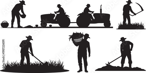 Farm worker silhouettes, agricultural icons, farming tools, black vector illustrations
