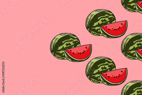 Watermelon Seamless Pattern. Summer Fruit Illustration on Pink Background. Summer packaging, textile prints, stationery, and social media graphics.