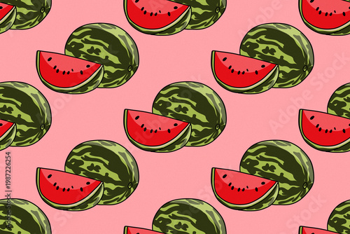 Watermelon Seamless Pattern. Summer Fruit Illustration on Pink Background. Summer packaging, textile prints, stationery, and social media graphics.