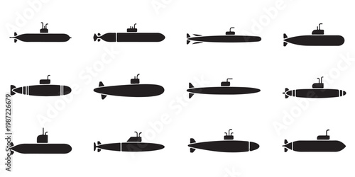 Sleek Submarine Silhouette Icons for Naval and Military Design
