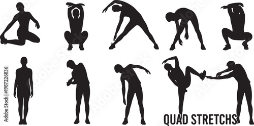 Black silhouette vector icons of people doing quad stretches, exercise illustrations, fitness graphics, stretch poses