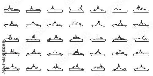 Collection of Thirty-Five Naval Ship Line Icons and Symbols