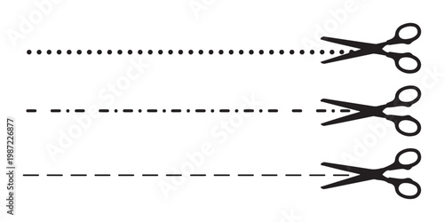 Set of scissors cutting dotted and dashed lines on transparent background, graphic design elements.