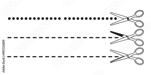 Vector illustration of scissors cutting dotted and dashed lines on transparent background, simple design.