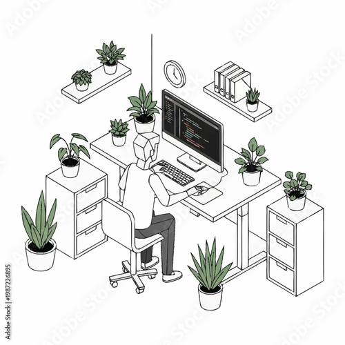 Man working at home office desk surrounded by plants.