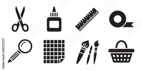 Set of crafting and art supply icons, includes scissors glue ruler tape magnifier grid brushes basket.