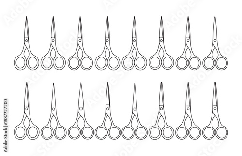 Ornate sewing scissors outline icons set for tailor shops and fashion design projects on checkered background.