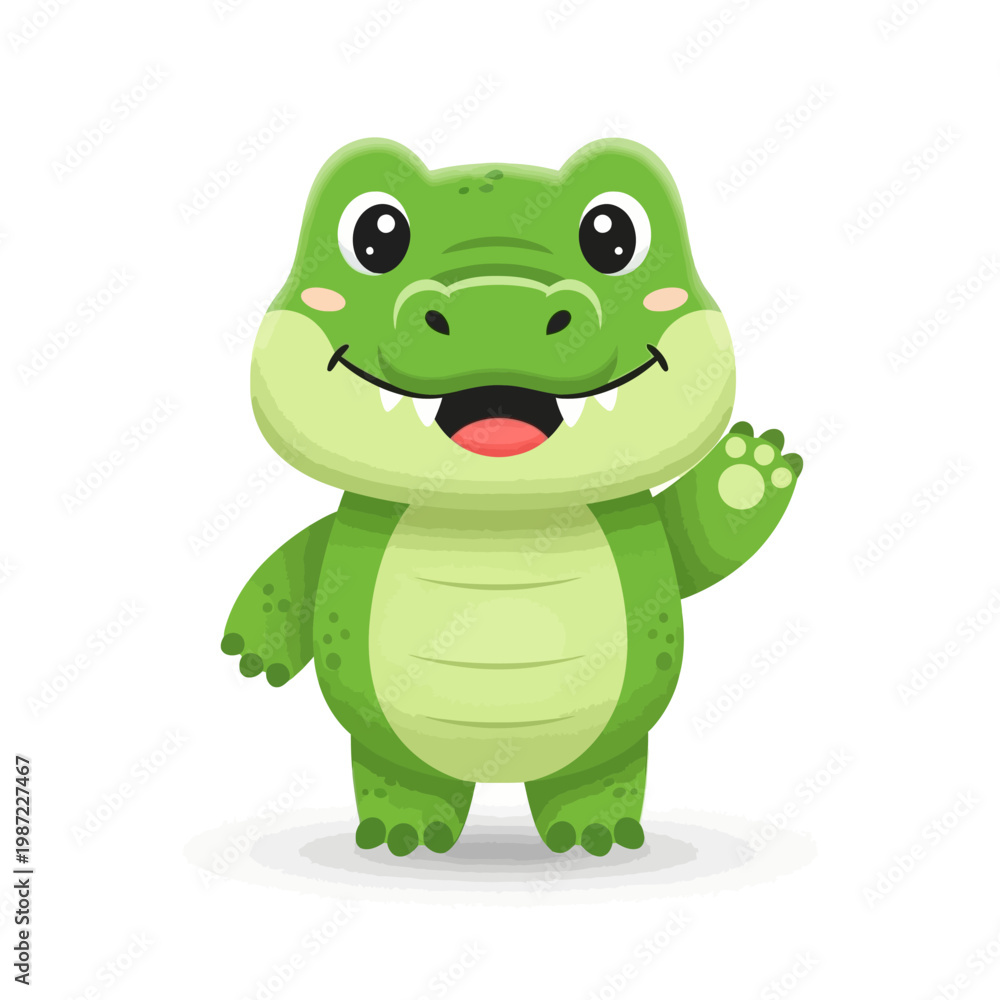 Fototapeta premium Cute Green Cartoon Crocodile Waving Hand Isolated Illustration