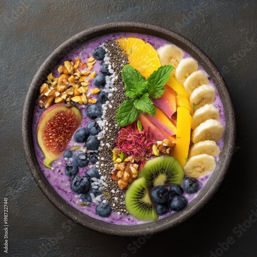 Exquisite Purple Smoothie Bowl, Artfully Topped with Fresh Tropical Fruits and Superfoods.
