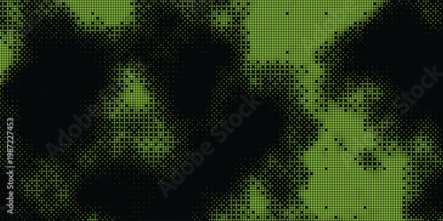 Abstract green pixelated forms float against stark black background, layered luminous depth and contemporary cyber aesthetic, creative background