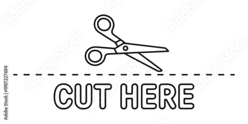 Outline scissor icon with a dashed line and text cut here on transparent background indicating a cutting area.