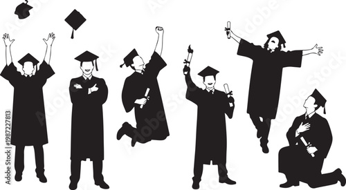 Graduation, university students, graduates, caps and gowns, black silhouettes, vector icons, 6 illustrations