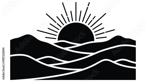 Mountain range landscape silhouette with rising sun and desert hills background.