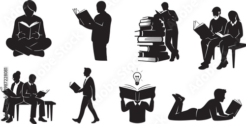 Silhouettes of people reading, studying, and working with books and laptops, black icons set