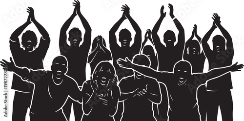 Black silhouette people cheering, joyful crowd vector, happy group illustration, celebration icons