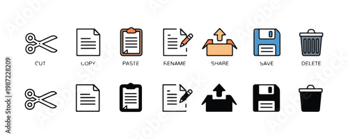 Minimal flat web icons set featuring cut copy paste rename share save and delete functions for user interface.