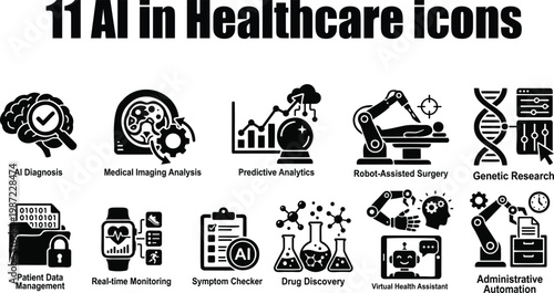 Artificial Intelligence in Healthcare Vector Icon Set Featuring AI Diagnosis, Robotic Surgery, Medical Imaging, and Predictive Analytics Glyphs