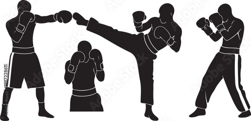 Martial arts silhouettes, kickboxing vector icons, boxing illustrations, fighting sport graphics
