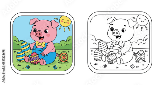 Cute Cartoon Pig in Overalls with Easter Eggs and a Smiling Sun in a Spring Meadow