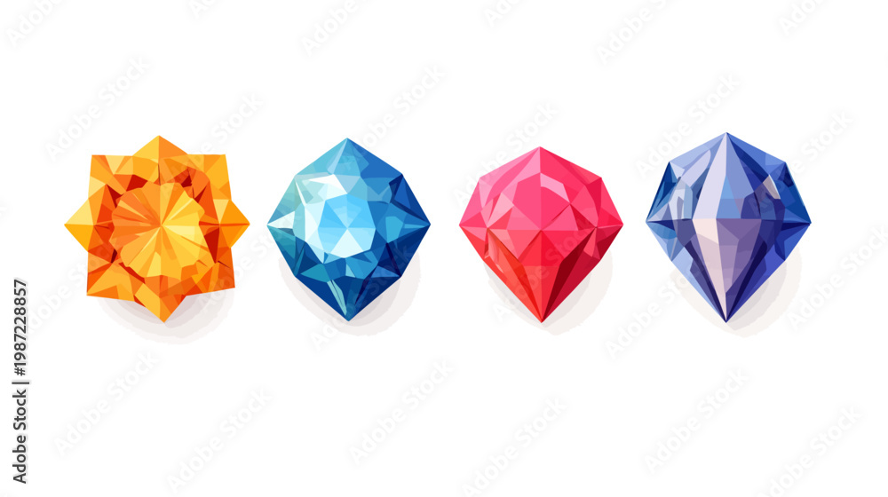 Fototapeta premium Four jewel-shaped illustrations with different colors, arranged on a white background
