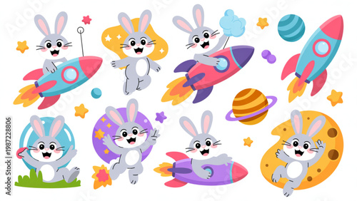 Cute Rabbit and Rocket Icon Set Cartoon Space Bunny Vector Collection