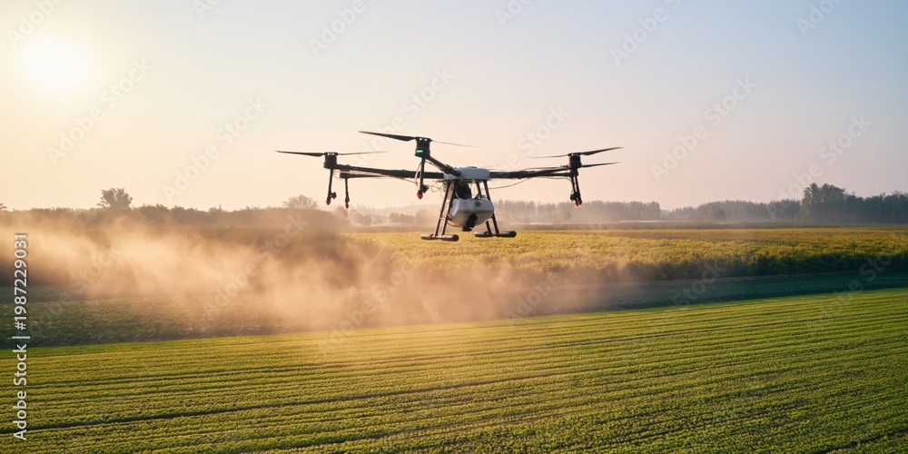 Fototapeta premium Agricultural drone spraying crops over green field at sunrise