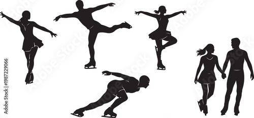 Black ice skating silhouettes, figure skater poses, ice dance illustrations, skating vector graphics