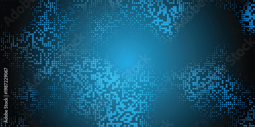 Creative digital pattern in blue tones dominates the background, experimental forms and layered digital texture, graphic illustration