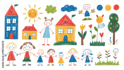 Cute Kid Drawing Set Childlike Crayon Style Vector Illustration Collection