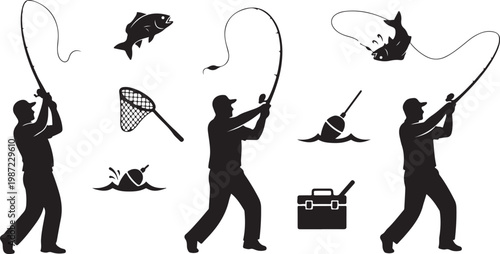 Fishing, silhouette icons, black vector graphics, fishing gear, 20 elements