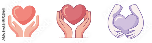 Three different illustrations of human hands holding heart symbol representing care protection and compassion.