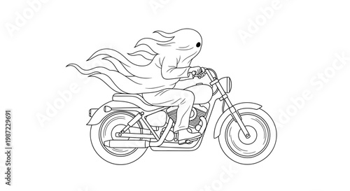 Ghost Riding Motorcycle Vector Illustration, Spooky Biker Character Design for Halloween Graphics and Apparel Prints