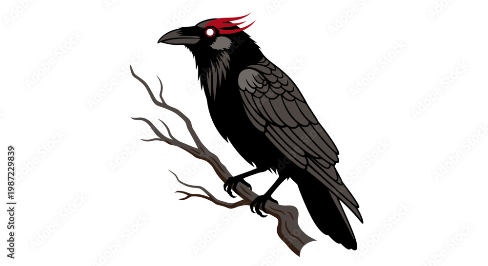 Fototapeta premium Gothic Raven Bird Perched on Branch Vector Illustration, Dark Fantasy Style Graphic for Halloween Design Projects