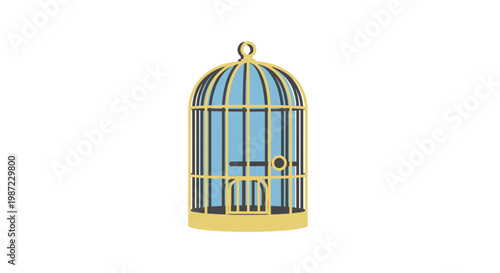 Golden Bird Cage Vector Illustration, Minimalist Decorative Avian Enclosure Icon for Pet Shop Branding or Wildlife Conservation Concept Design