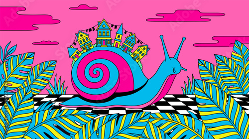 Giant Snail Carrying Miniature Victorian Village Pop Surrealism Flat Illustration with Bold Outlines