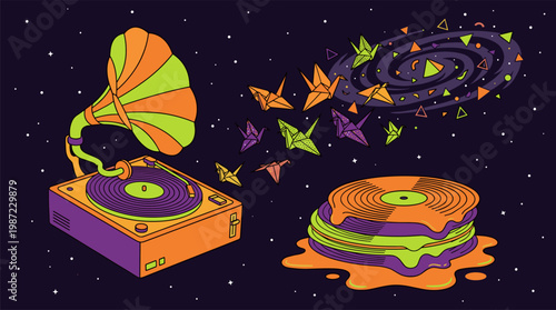 Vintage Vinyl Record Player with Origami Cranes Pop Surrealism Flat Illustration with Bold Outlines