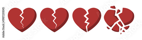 Cracked red heart sequence with drop shadows representing different phases of emotional breakdown and breakup.