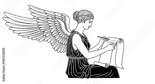 Greek Goddess Muse Writing on Scroll Vector Illustration, Classical Mythology Figure with Wings in Minimalist Line Art Style for Historical Design Projects