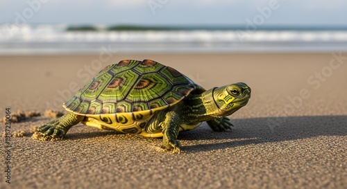 A small turtle walks on a sandy beach with the ocean waves in the background.