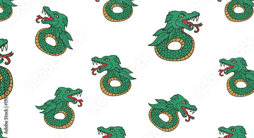 Green Ouroboros Dragon Seamless Pattern Vector Illustration, Mythical Serpent Eating Own Tail Design for Textile Fabric and Wallpaper Surface Print Background